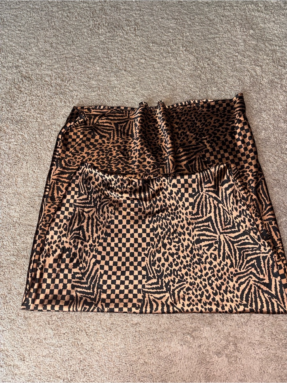 Animal & Checker Print Brown Satin Skirt